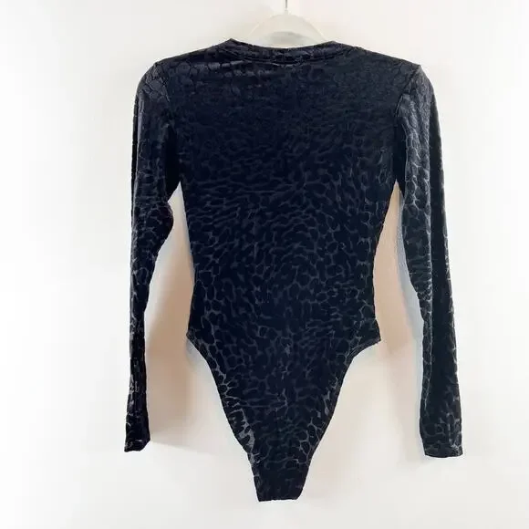 Good American The Wilder One Semi Sheer Leopard Print Long Sleeve Bodysuit Black - Picture 5 of 5